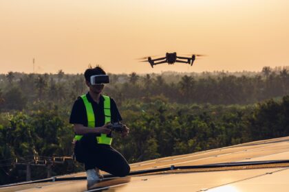Technology solar cell Engineer service check installation solar cell on the roof of factory.